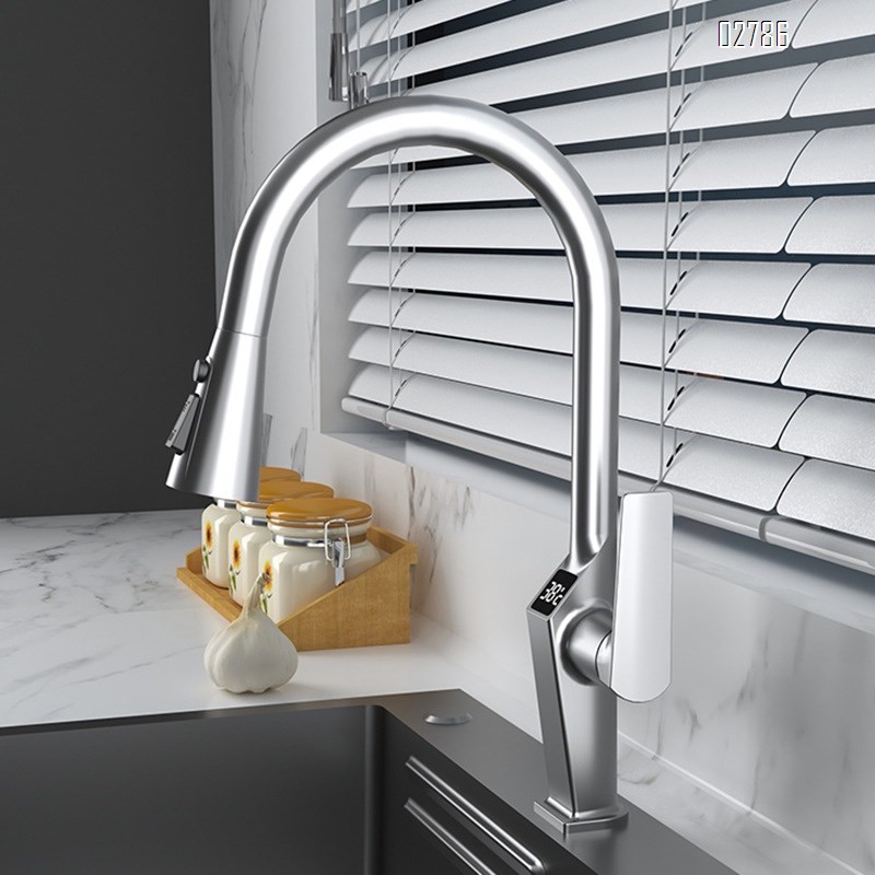 Luxury Stainless Steel pull-down Kitchen faucet sink wash basin intelligent digital display rotating cold and hot water tap