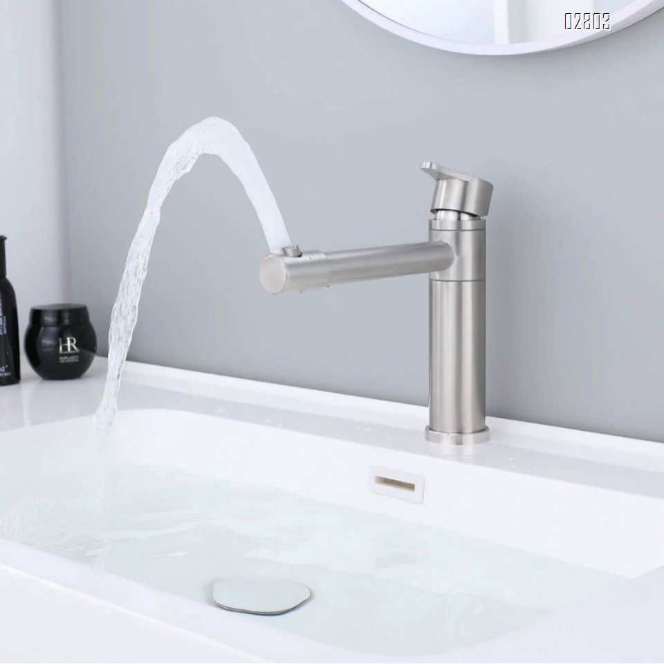 304 stainless steel faucet with extended spout single hole cold and hot water tap for wash basin rotary multi-directional faucet for home use