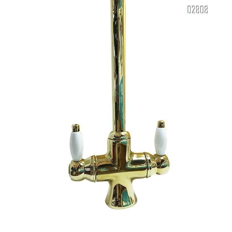 European style double handle double opening kitchen faucet all brass sink multi-directional rotating cold and hot water tap