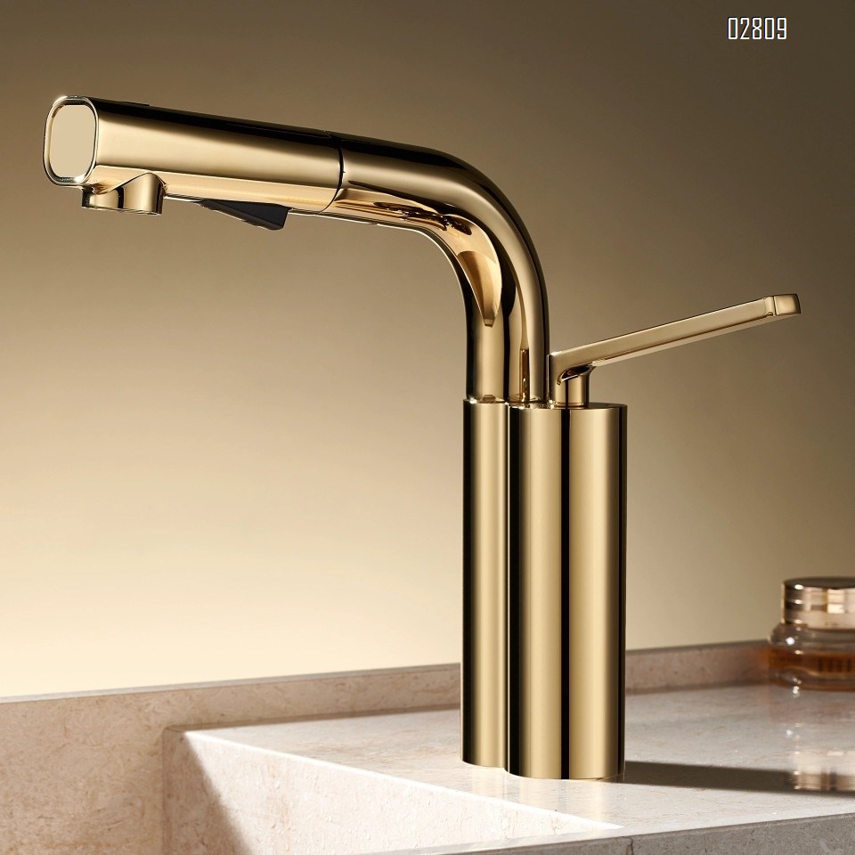 Gunmetal gray basin pull-out faucet all brass cold and hot water rotating bathroom wash basin under-mount sink with adjustable tap