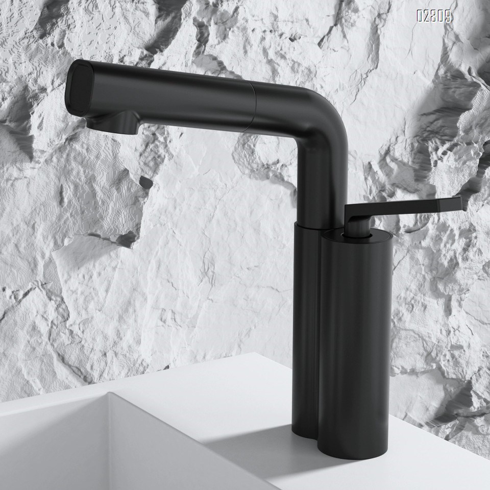 Gunmetal gray basin pull-out faucet all brass cold and hot water rotating bathroom wash basin under-mount sink with adjustable tap