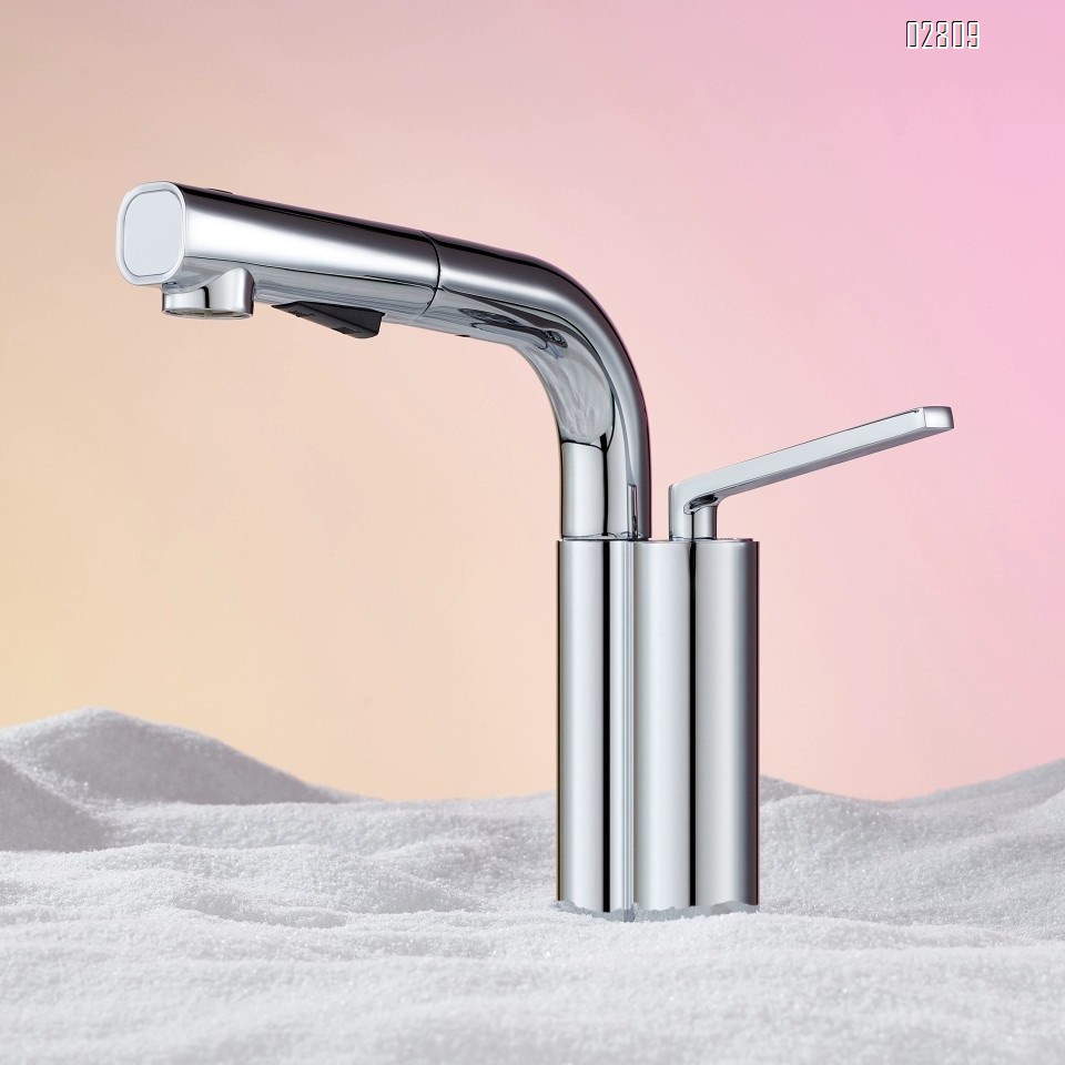 Gunmetal gray basin pull-out faucet all brass cold and hot water rotating bathroom wash basin under-mount sink with adjustable tap