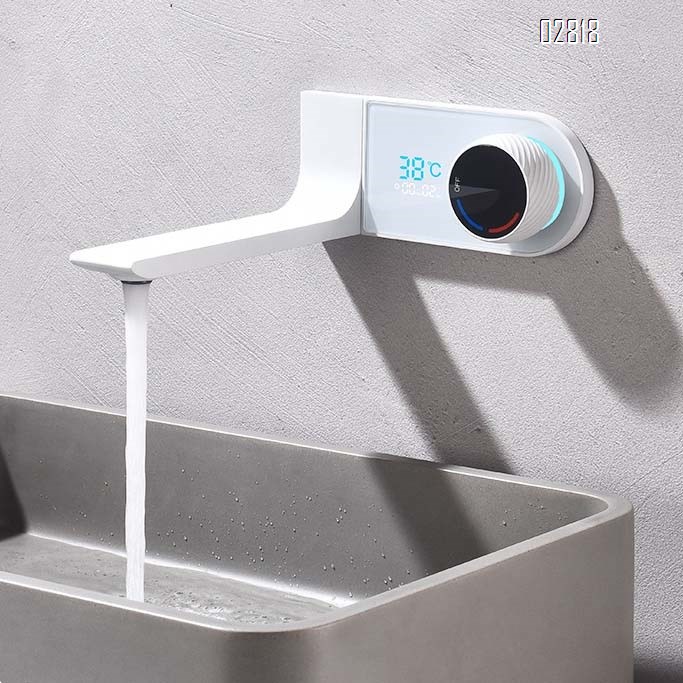 Full Brass concealed built-in cold and hot basin faucet for home bathroom with digital display minimalist hidden style
