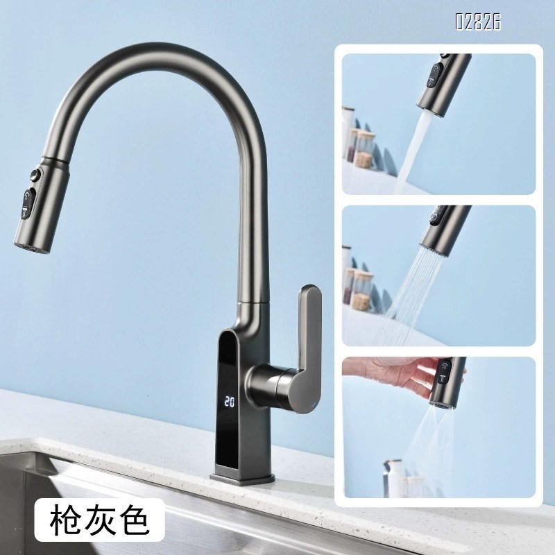 all brass pull-down Kitchen faucet smart digital display sink large basin cold and hot vegetable basin kitchen faucet
