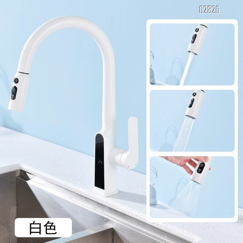 all brass pull-down Kitchen faucet smart digital display sink large basin cold and hot vegetable basin kitchen faucet