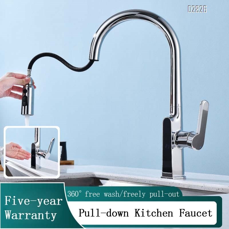 all brass pull-down Kitchen faucet smart digital display sink large basin cold and hot vegetable basin kitchen faucet