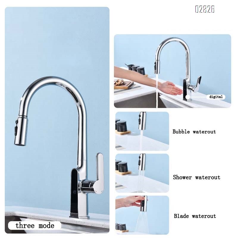 all brass pull-down Kitchen faucet smart digital display sink large basin cold and hot vegetable basin kitchen faucet