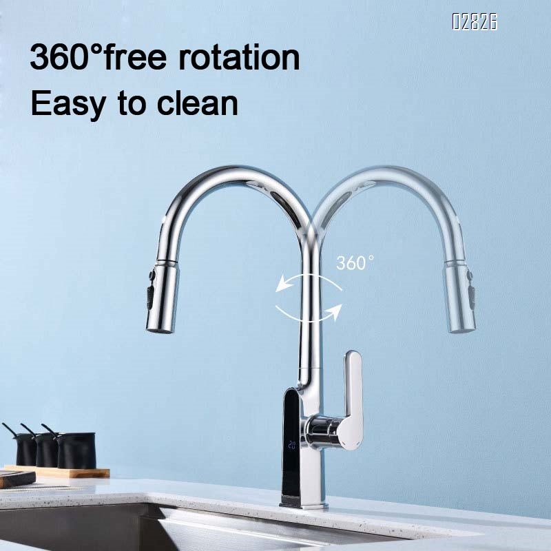 all brass pull-down Kitchen faucet smart digital display sink large basin cold and hot vegetable basin kitchen faucet