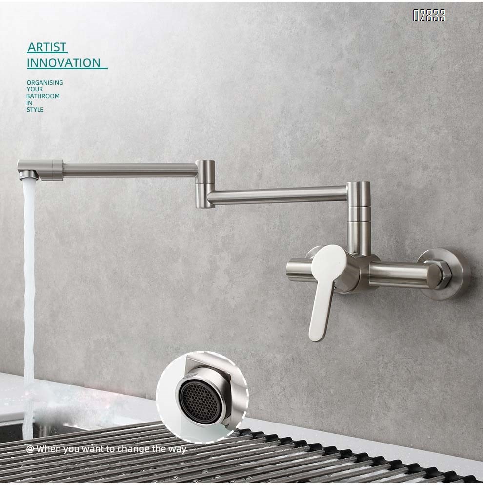 Brass chrome plated folding wall-mounted kitchen faucet with swivel sprayer for cold and hot water sink and bath tub faucet