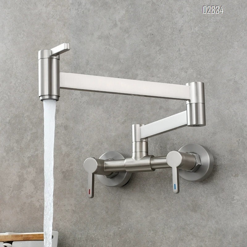 Brass Wall-mounted kitchen folding mixer tap with three-switch cold and hot water basin faucet bathroom wash basin tap