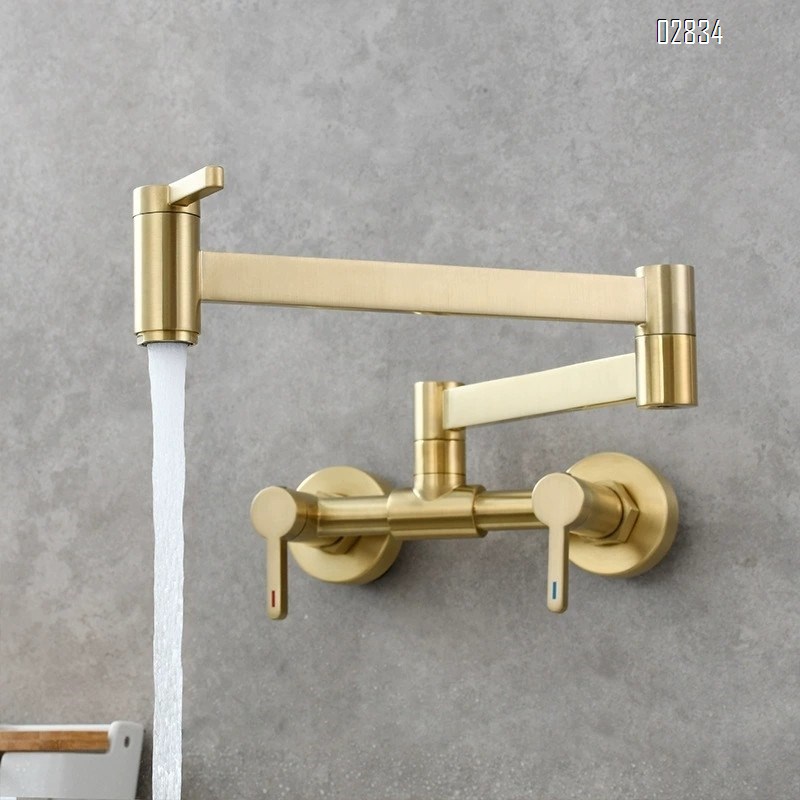 Brass Wall-mounted kitchen folding mixer tap with three-switch cold and hot water basin faucet bathroom wash basin tap