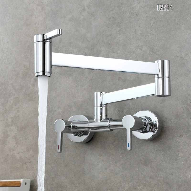 Brass Wall-mounted kitchen folding mixer tap with three-switch cold and hot water basin faucet bathroom wash basin tap