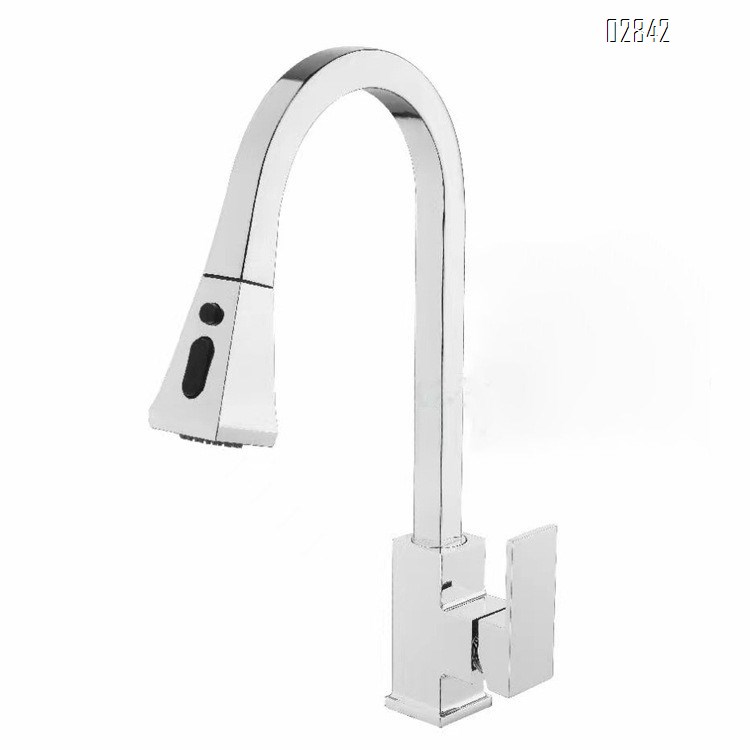 European style home kitchen pull-down faucet with hot and cold water square splash-proof 360-degree rotating sink black tap