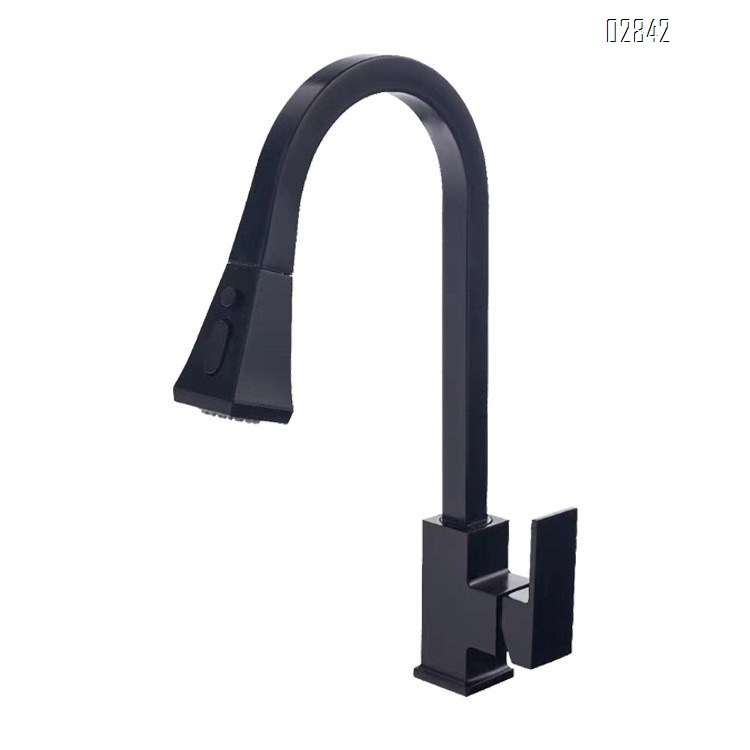 European style home kitchen pull-down faucet with hot and cold water square splash-proof 360-degree rotating sink black tap