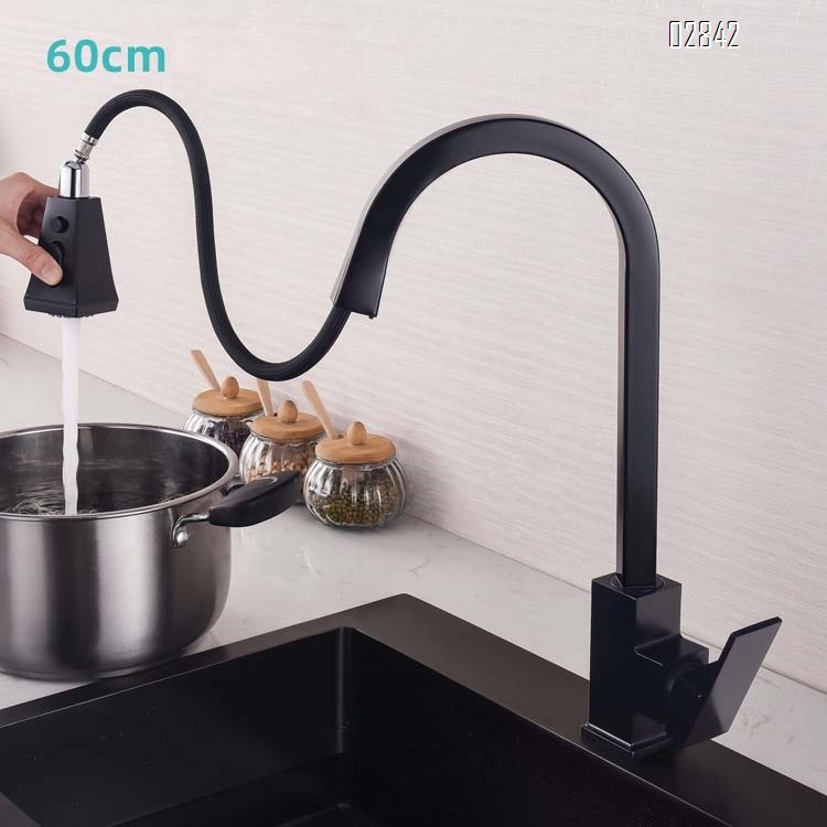 European style home kitchen pull-down faucet with hot and cold water square splash-proof 360-degree rotating sink black tap
