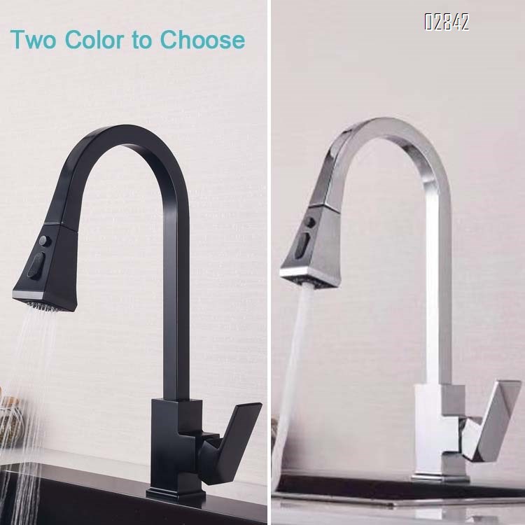European style home kitchen pull-down faucet with hot and cold water square splash-proof 360-degree rotating sink black tap