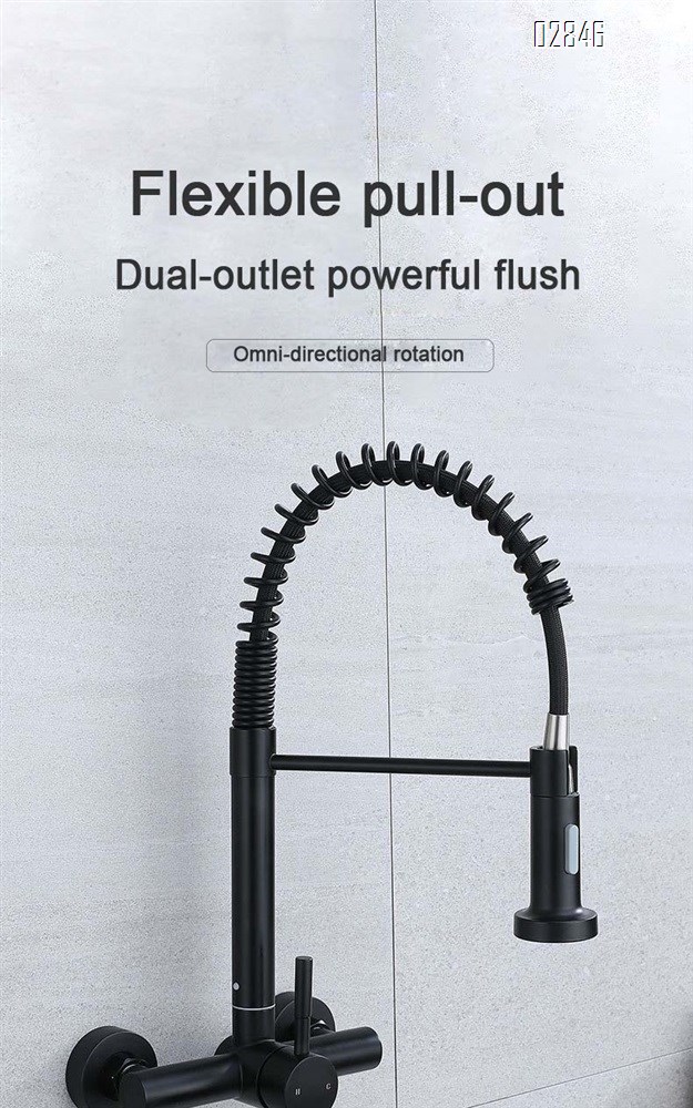 Kitchen faucet with pull-down sprayer spring-loaded two-hole built-in wall-mounted faucet for sink with cold and hot tap
