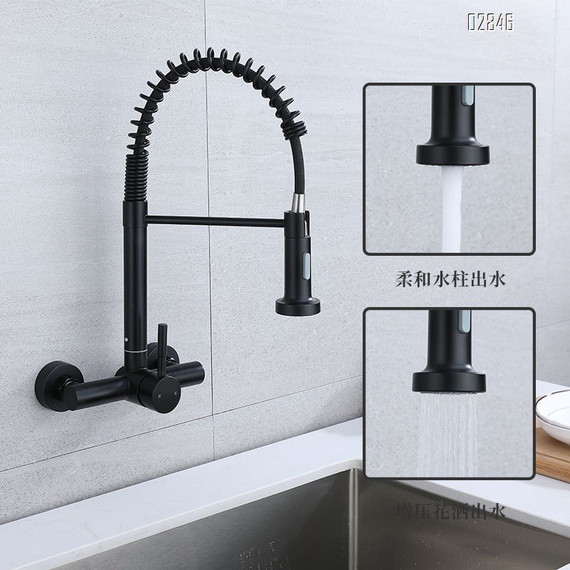 Kitchen faucet with pull-down sprayer spring-loaded two-hole built-in wall-mounted faucet for sink with cold and hot tap