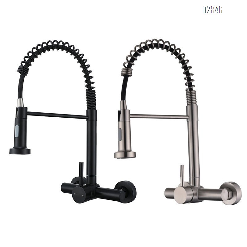 Kitchen faucet with pull-down sprayer spring-loaded two-hole built-in wall-mounted faucet for sink with cold and hot tap