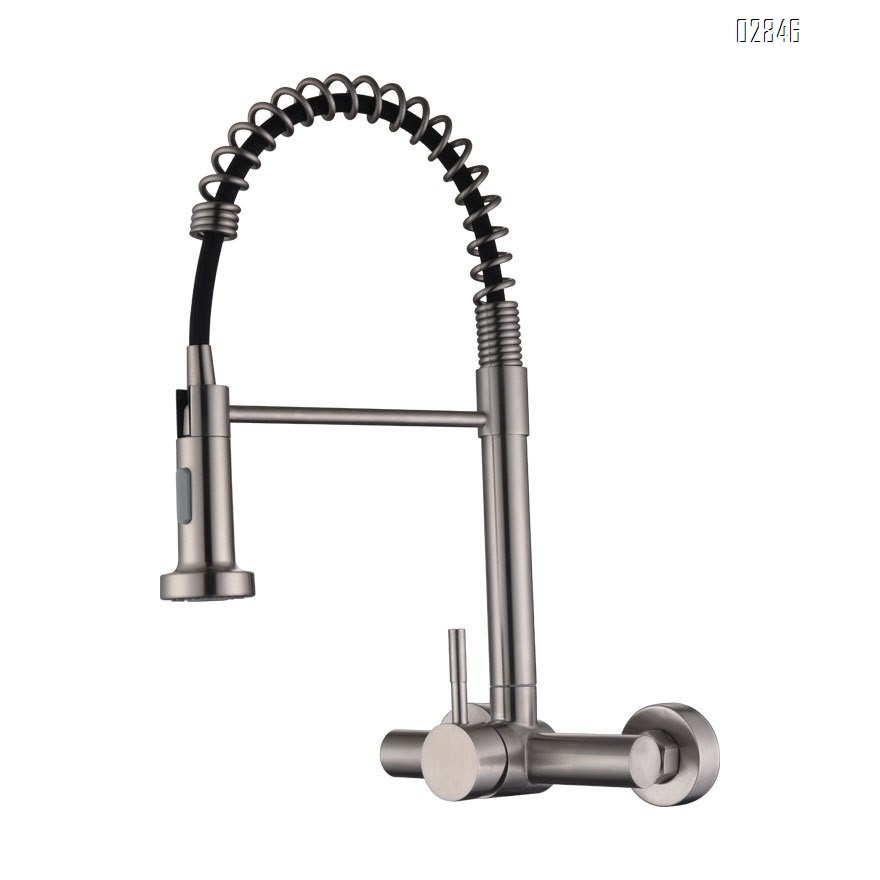 Kitchen faucet with pull-down sprayer spring-loaded two-hole built-in wall-mounted faucet for sink with cold and hot tap