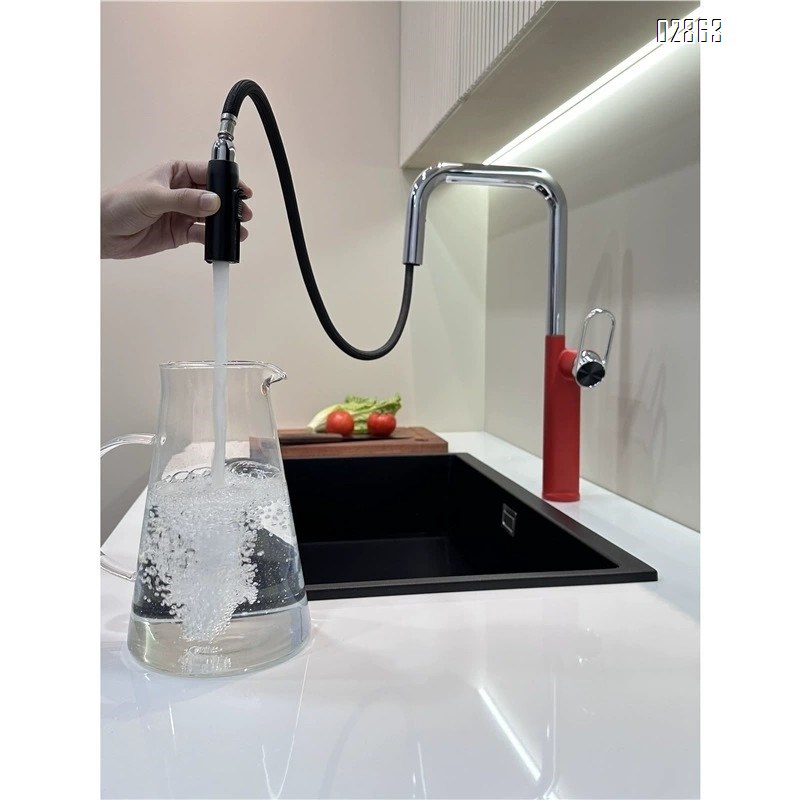 all brass Red high-end kitchen pull-out faucet vegetable sink wash basin sink all-Brass rotating cold and hot home telescopic style