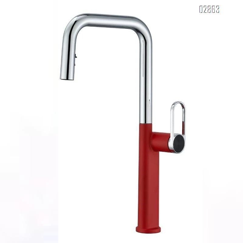 all brass Red high-end kitchen pull-out faucet vegetable sink wash basin sink all-Brass rotating cold and hot home telescopic style