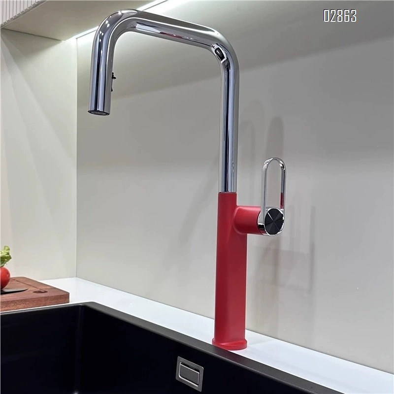 all brass Red high-end kitchen pull-out faucet vegetable sink wash basin sink all-Brass rotating cold and hot home telescopic style