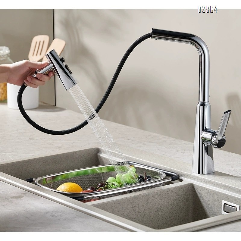 Gun gray all-Brass pull-down kitchen faucet for home use with pressure booster and multi-directional wash for dishes and vegetable basin with cold hot water splash-proof faucet