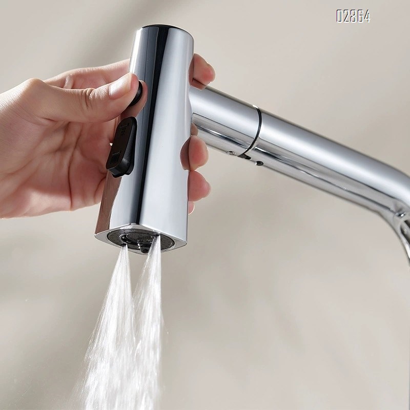 Gun gray all-Brass pull-down kitchen faucet for home use with pressure booster and multi-directional wash for dishes and vegetable basin with cold hot water splash-proof faucet