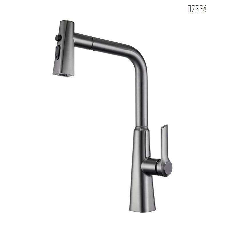 Gun gray all-Brass pull-down kitchen faucet for home use with pressure booster and multi-directional wash for dishes and vegetable basin with cold hot water splash-proof faucet