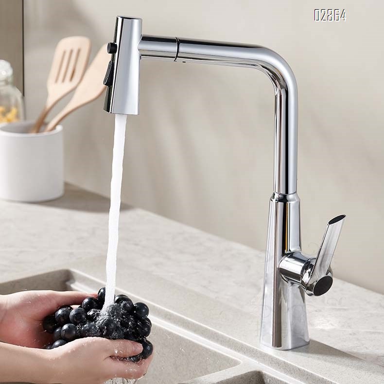 Gun gray all-Brass pull-down kitchen faucet for home use with pressure booster and multi-directional wash for dishes and vegetable basin with cold hot water splash-proof faucet