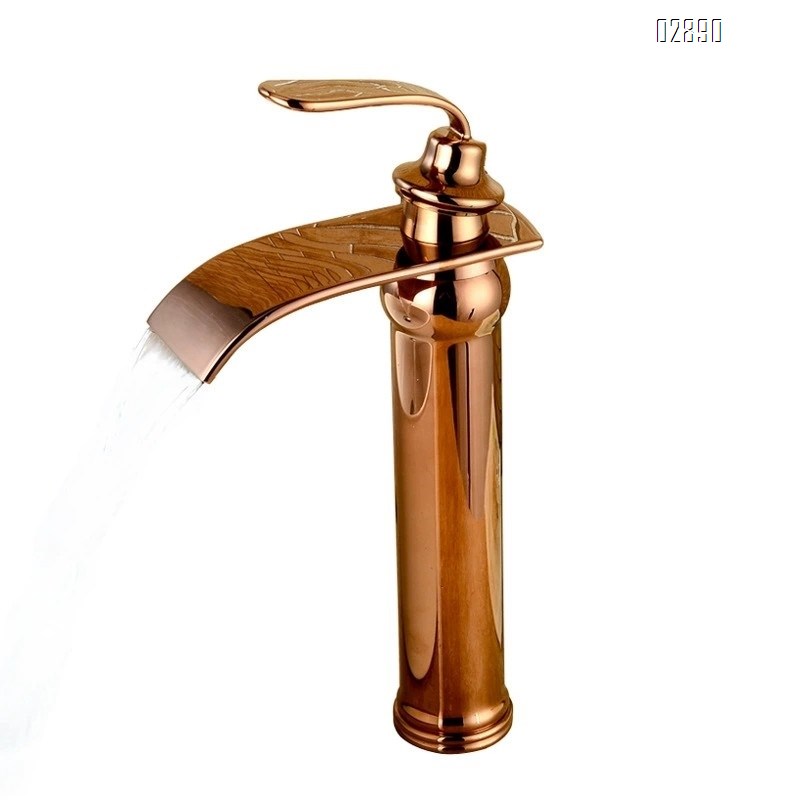 Brass rose gold waterfall basin cold and hot water faucet sit-style single hole counter basin faucet