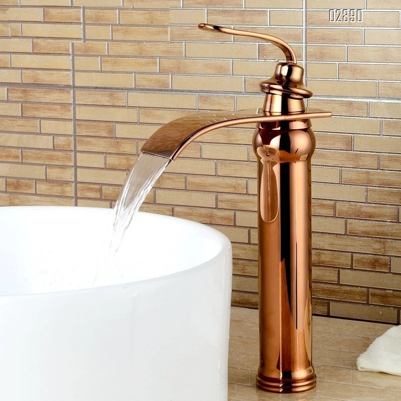 Brass rose gold waterfall basin cold and hot water faucet sit-style single hole counter basin faucet