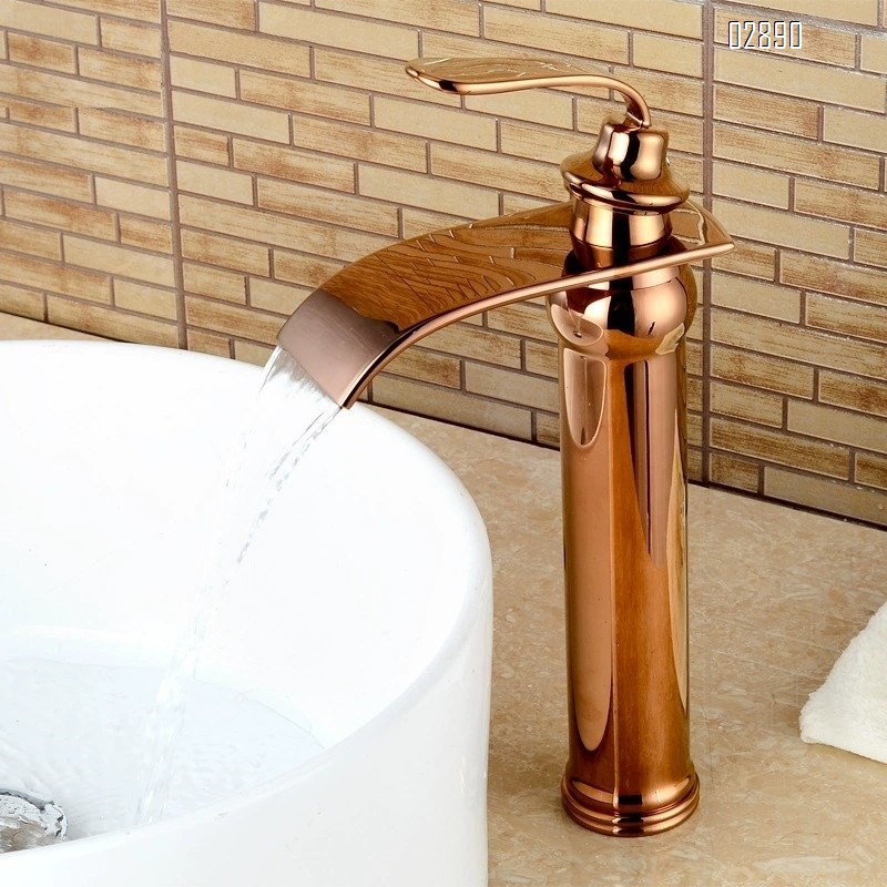 Brass rose gold waterfall basin cold and hot water faucet sit-style single hole counter basin faucet