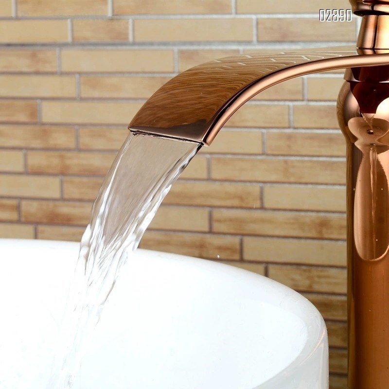Brass rose gold waterfall basin cold and hot water faucet sit-style single hole counter basin faucet