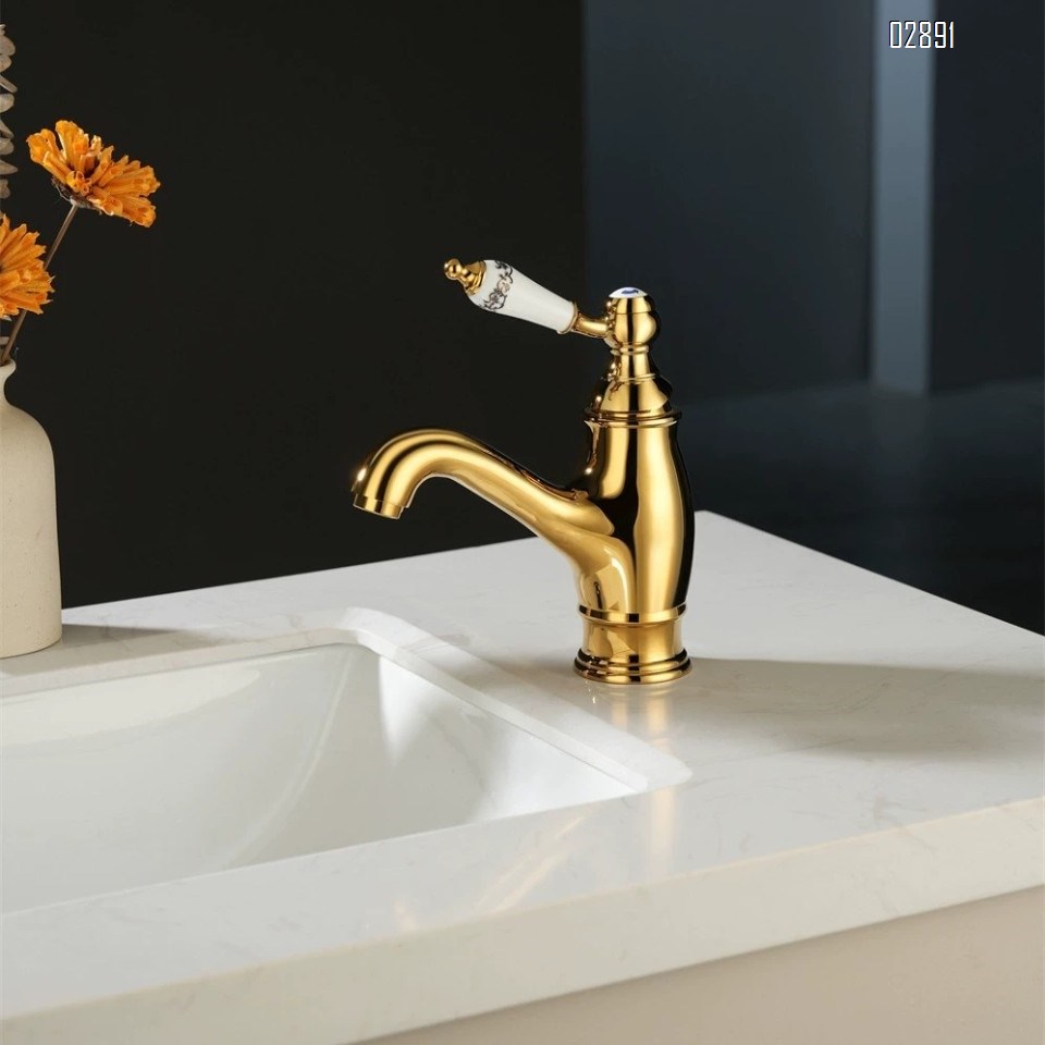 French Luxury vintage full copper single handle single hole gold faucet ceramic handle cold and hot wash basin faucet