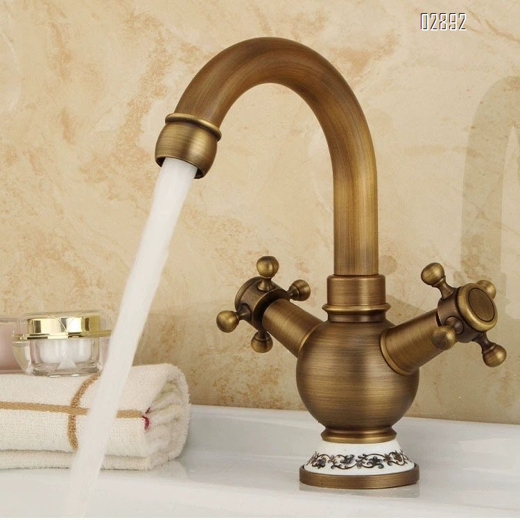 Antique style double handle faucet brass for home use golden kitchen cold and hot water tap for under-counter basin tap