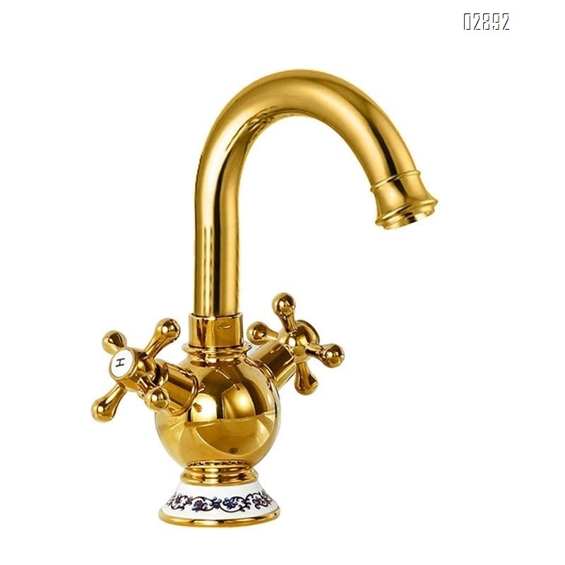 Antique style double handle faucet brass for home use golden kitchen cold and hot water tap for under-counter basin tap