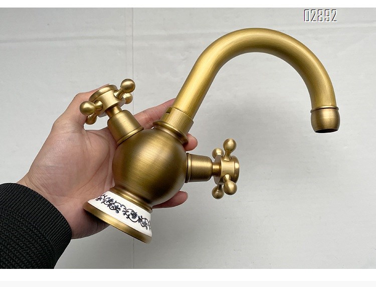 Antique style double handle faucet brass for home use golden kitchen cold and hot water tap for under-counter basin tap