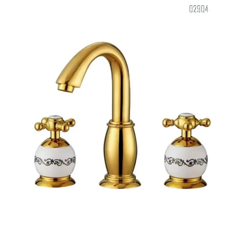 European brass three-hole faucet titanium gold under-counter basin double-handle Cold hot water bathroom Separate basin faucet