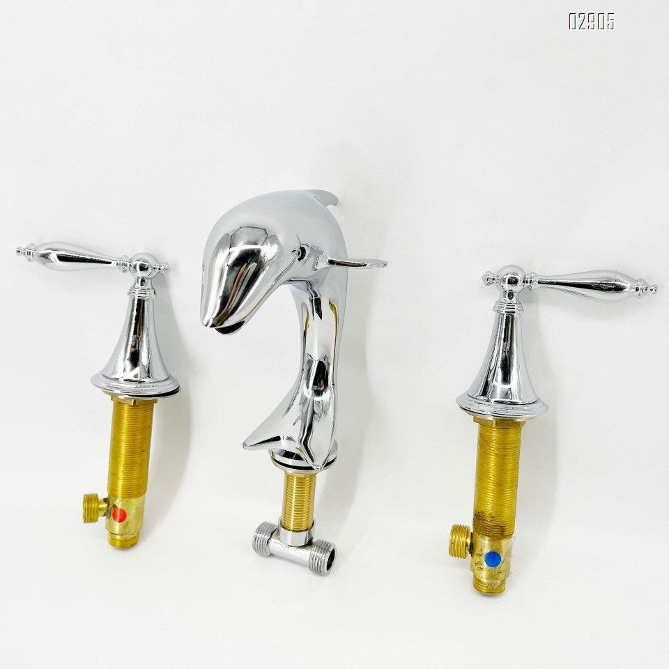 European style brass titanium gold dolphin three-hole crystal handle cold and hot Separate Basin Faucet