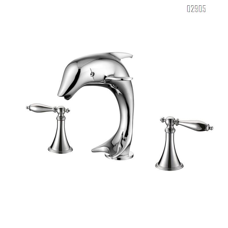 European style brass titanium gold dolphin three-hole crystal handle cold and hot Separate Basin Faucet
