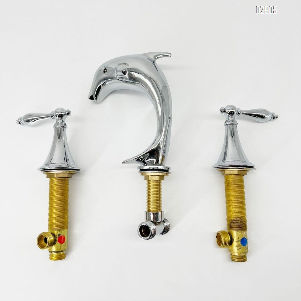 European style brass titanium gold dolphin three-hole crystal handle cold and hot Separate Basin Faucet