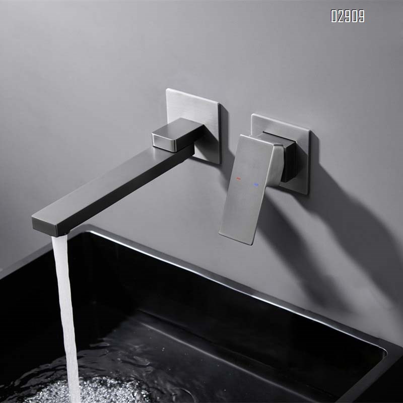 All-Brass gunmetal gray Chrome-finish basin faucet wall-mounted embedded cold and hot wash basin and countertop water faucet
