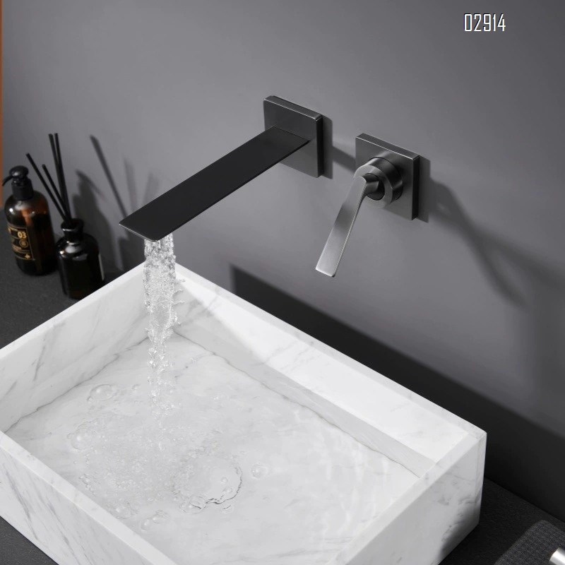 Full Brass gunmetal gray recessed wall-mounted sink with concealed pre-installed faucet and concealed embedded wall drainage faucet