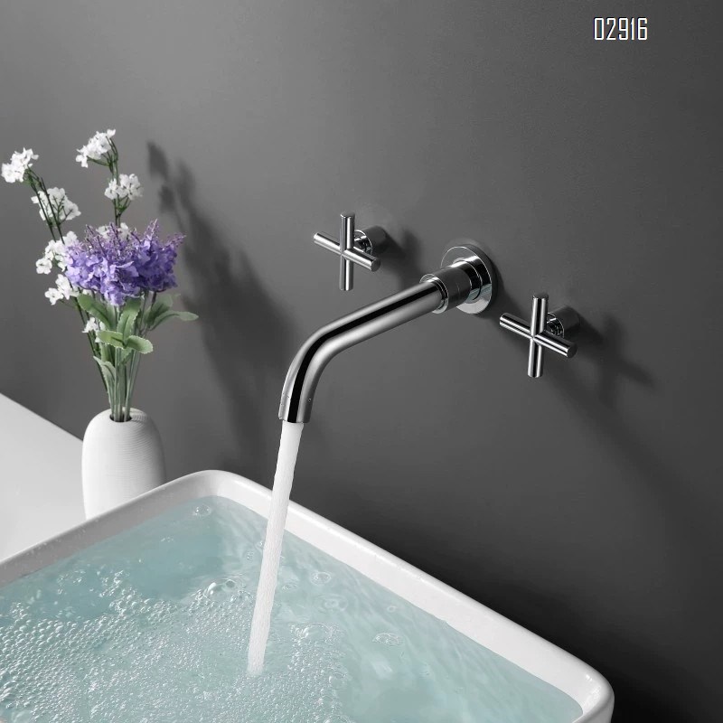 Bathroom black concealed full Brass split double handle cold and hot wall-mounted basin faucet pre-buried type above-counter faucet