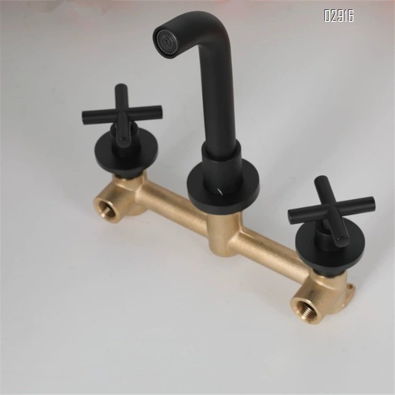 Bathroom black concealed full Brass split double handle cold and hot wall-mounted basin faucet pre-buried type above-counter faucet