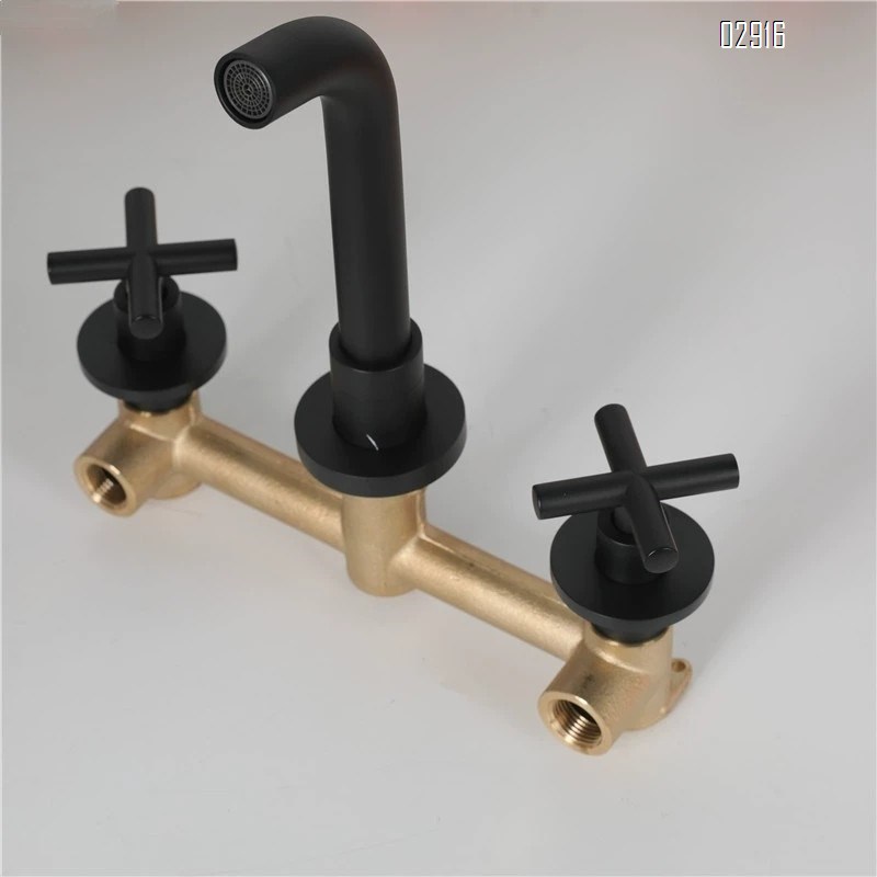 Bathroom black concealed full Brass split double handle cold and hot wall-mounted basin faucet pre-buried type above-counter faucet