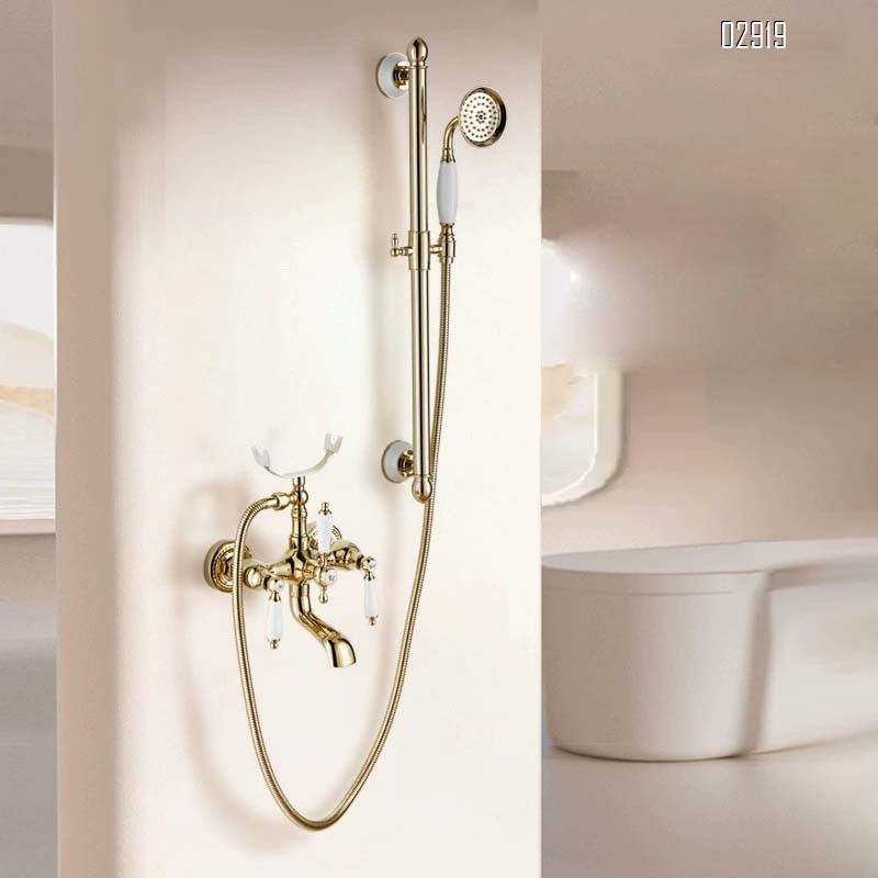 European style Gold brass vintage shower head rose lift rod simple bathtub shower set cold and hot bathroom home use