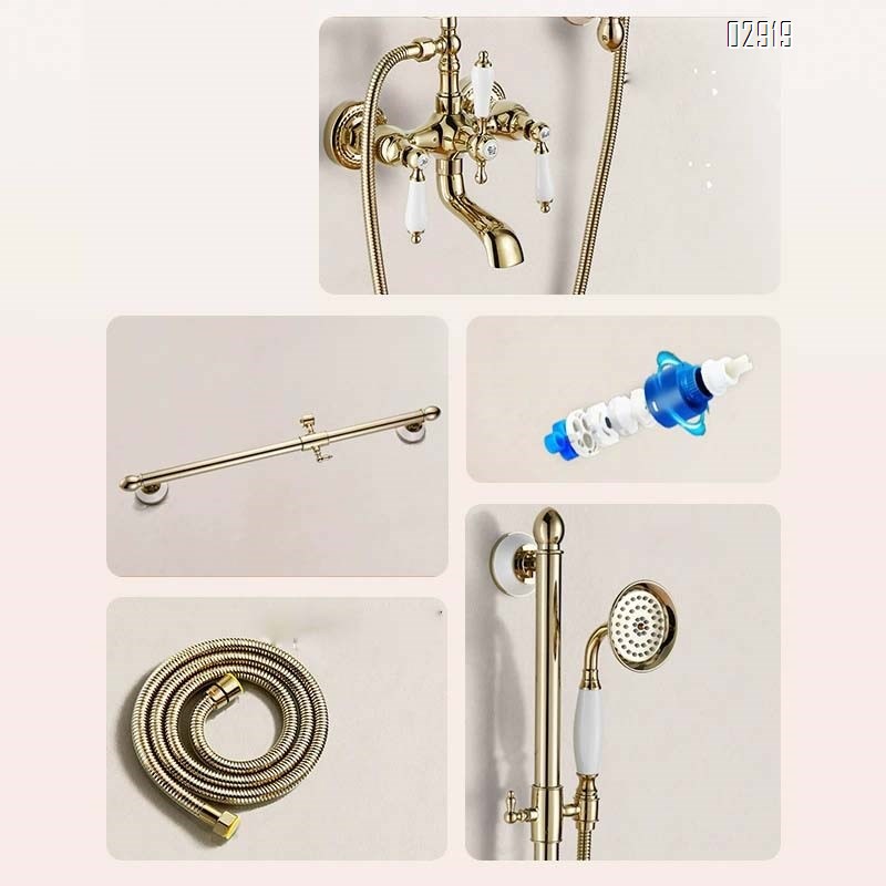 European style Gold brass vintage shower head rose lift rod simple bathtub shower set cold and hot bathroom home use